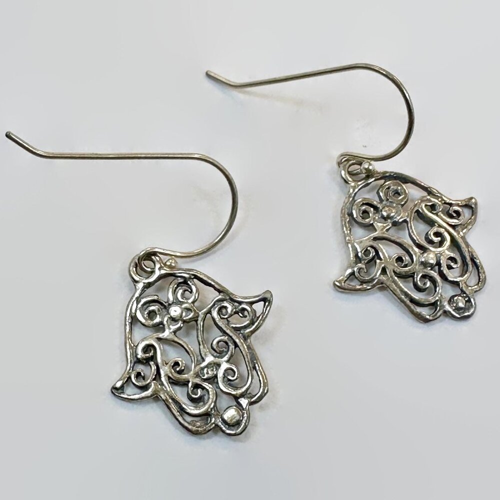 Hamsa Earrings Vintage Sterling Silver: Dangles Pierced Filagree Boho